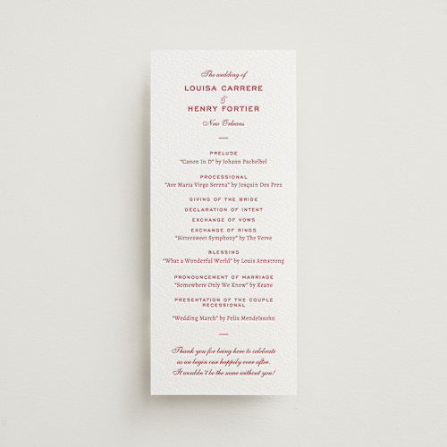 This is a maraschino unique wedding programs with letterpress by Megan Davis called larkin printing on white cotton in 4x9