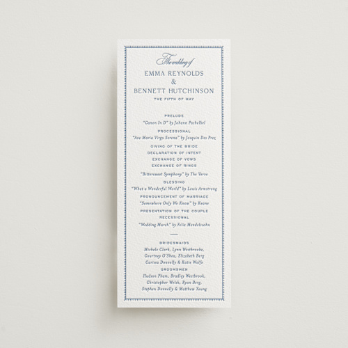 This is a provincial blue unique wedding programs with letterpress by Megan Davis called maison printing on somerset500 in 4x9