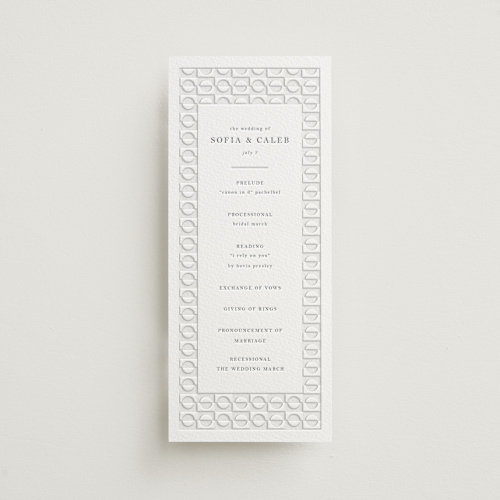 This is a stone unique wedding programs with letterpress by Vera Lim called cerchi printing on somerset500 in 4x9