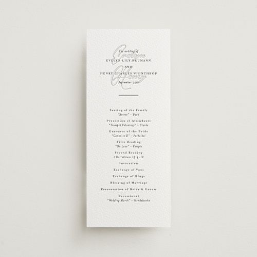 This is a soft black unique wedding programs with letterpress by Meggy Masters called bespoke printing on somerset500 in 4x9