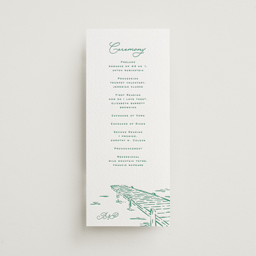 This is a shamrock unique wedding programs with letterpress by Claudia Orengo called lakeview printing on somerset500 in 4x9