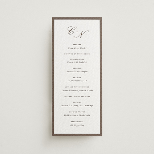 This is a coffee unique wedding programs with letterpress by Sara Hicks Malone called grammercy printing on somerset500 in 4x9