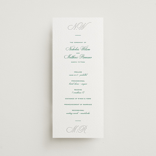 This is a shamrock unique wedding programs with letterpress by Blustery August called keepsake printing on somerset500 in 4x9