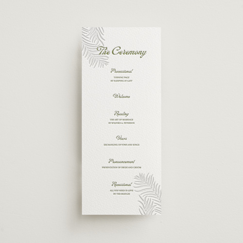 This is a olive unique wedding programs with letterpress by Julia Liverton called palm shade printing on white cotton in 4x9