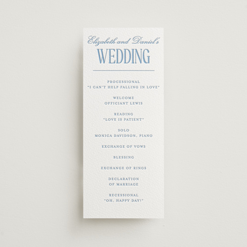 This is a robin's egg unique wedding programs with letterpress by Baumbirdy called big day printing on white cotton in 4x9