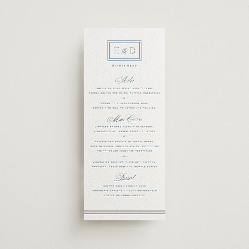 This is a marine blue menu cards with letterpress by chocomocacino called ricciarelli printing on white cotton in 4x9
