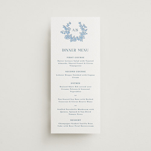 This is a robin's egg menu cards with letterpress by Cass Loh called flowers monogram printing on white cotton in 4x9