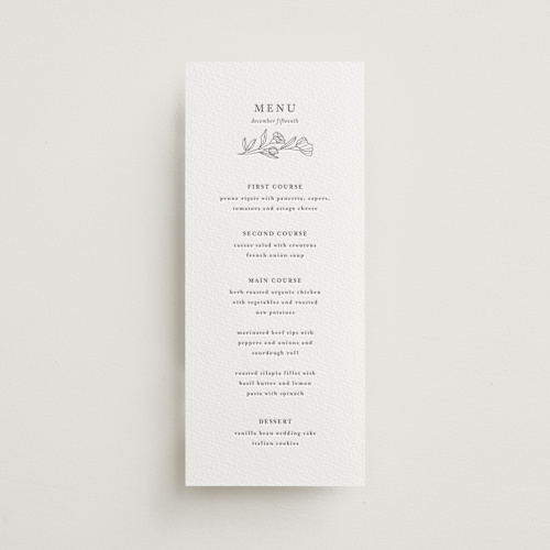 This is a graphite menu cards with letterpress by Deynaaz Daraei called bouvardia printing on somerset500 in 4x9