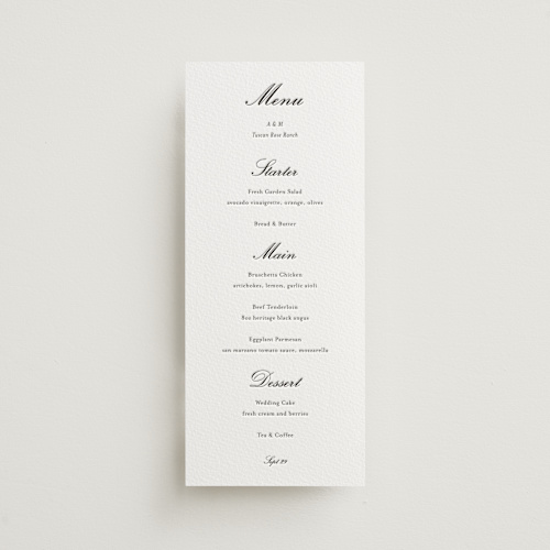 This is a soft black menu cards with letterpress by Ani Somi called finely printing on white cotton in 4x9