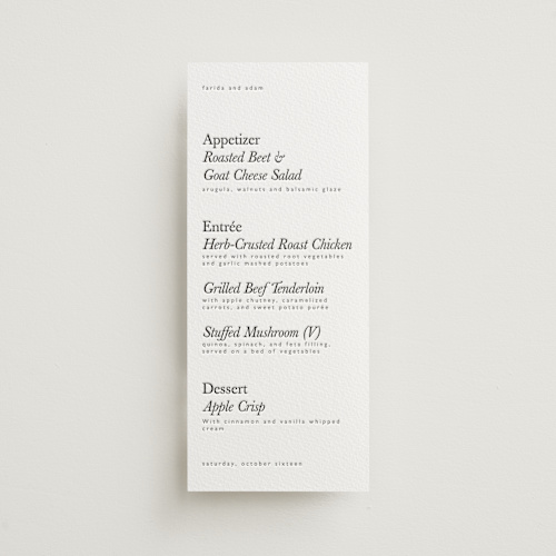 This is a soft black menu cards with letterpress by Hudson meet Rose called westin printing on white cotton in 4x9