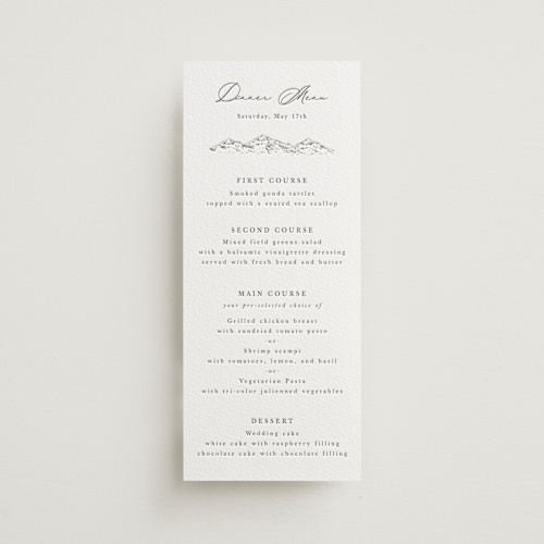 This is a graphite menu cards with letterpress by Sarah Brown called mountainview printing on somerset500 in 4x9