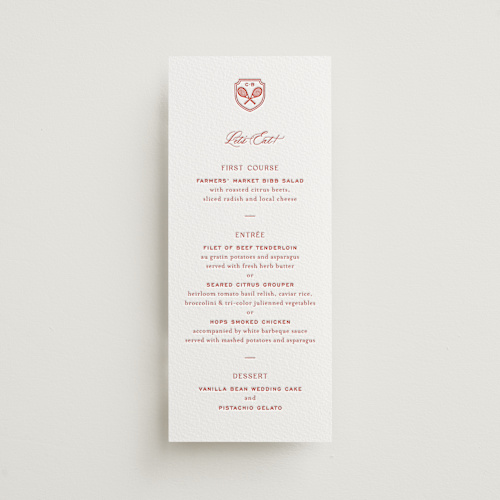 This is a verona sunset menu cards with letterpress by Megan Davis called racquet printing on somerset500 in 4x9