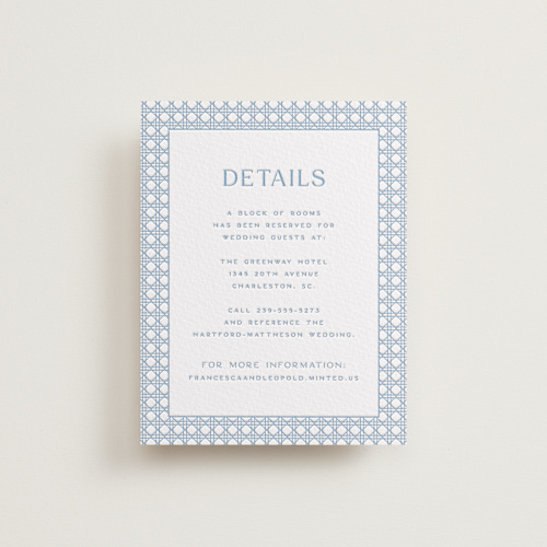 This is a sky blue letterpress wedding invitations with letterpress by Ellen Schlegelmilch called delicate rattan printing on somerset500 in standard
