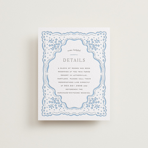 This is a sky blue letterpress wedding invitations with letterpress by Erin L. Wilson called margot printing on somerset500 in standard