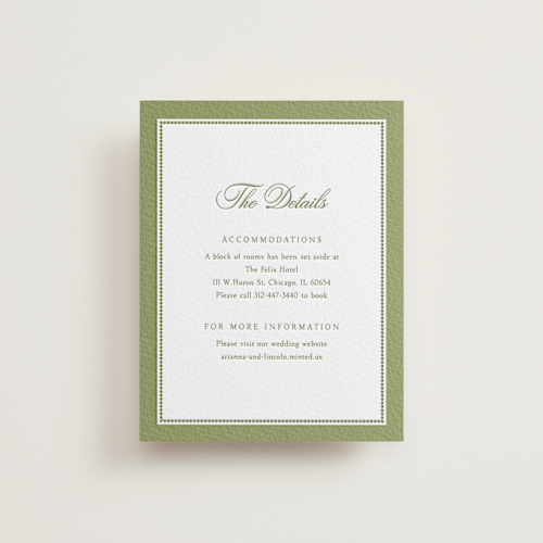 This is a pistachio letterpress wedding invitations with letterpress by Robert and Stella called darcy printing on somerset500 in standard