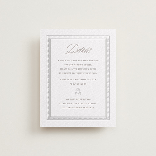 This is a dove grey letterpress wedding invitations with letterpress by Vera Lim called shell border printing on somerset500 in standard