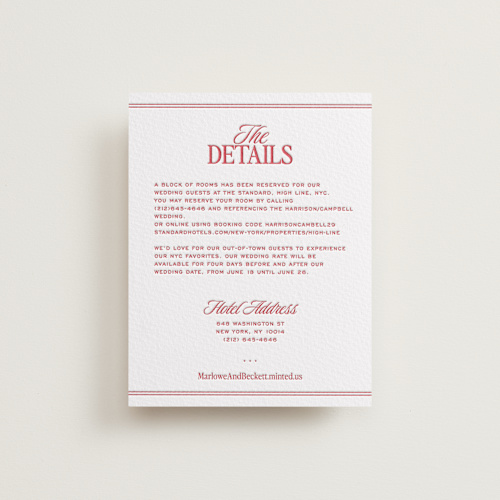 This is a maraschino letterpress wedding invitations with letterpress by Jenna Holcomb called vermilion printing on white cotton in standard