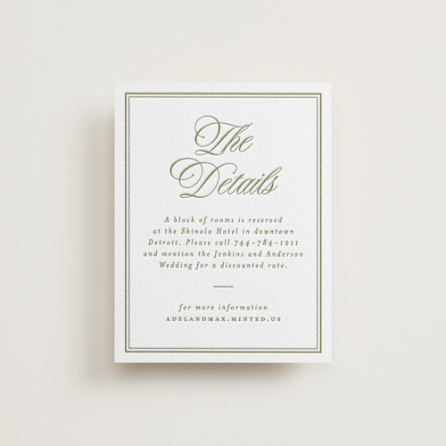 This is a pistachio letterpress wedding invitations with letterpress by Ellen Schlegelmilch called museo printing on somerset500 in standard