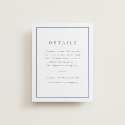This is a sky blue letterpress wedding invitations with letterpress by Stacey Meacham called hydrangea bloom printing on somerset500 in standard