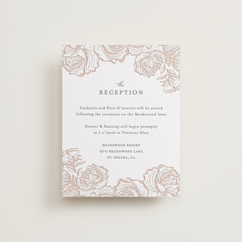 This is a sandstone letterpress wedding invitations with letterpress by Jennifer Postorino called in bloom printing on white cotton in standard