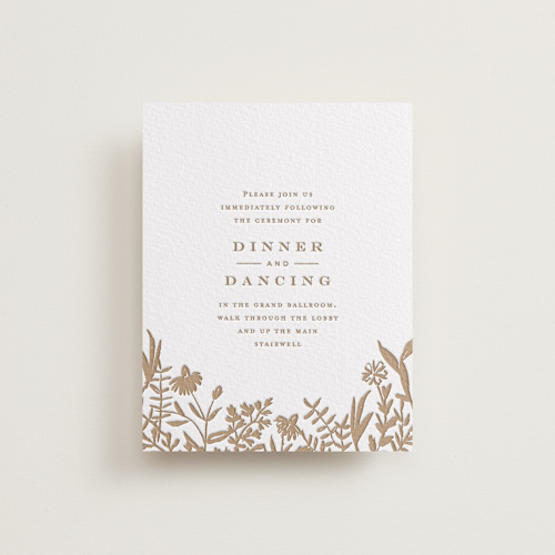 This is a matte gold letterpress wedding invitations with letterpress by Amy Kross called morning fields printing on somerset500 in standard