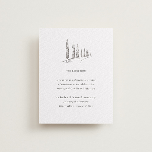 This is a warm gray letterpress wedding invitations with letterpress by Melinda Denison called italian countryside printing on somerset500 in standard