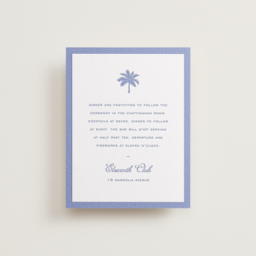 This is a bluebell letterpress wedding invitations with letterpress by Sara Hicks Malone called preston printing on white cotton in standard
