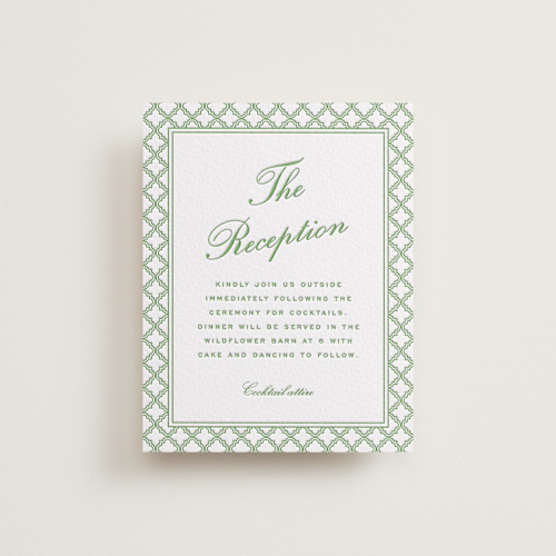 This is a fern letterpress wedding invitations with letterpress by Angela Garrick called garden trellis printing on white cotton in standard