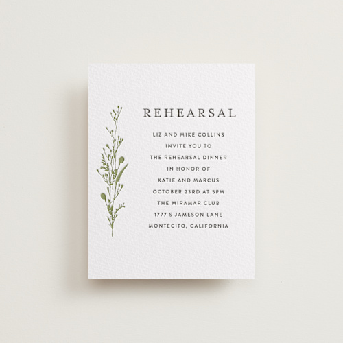 This is a olive enclosure cards with letterpress by Susan Moyal called gathered printing on white cotton in standard