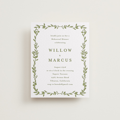 This is a olive enclosure cards with letterpress by Susan Moyal called greenery vine printing on white cotton in standard