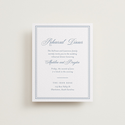 This is a provincial blue enclosure cards with letterpress by Melinda Denison called the chapel printing on somerset500 in standard