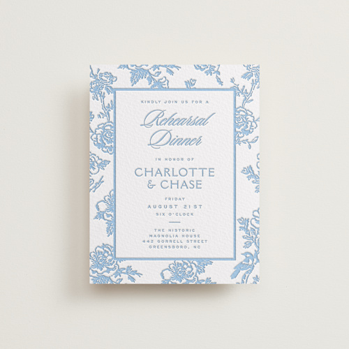 This is a sky blue enclosure cards with letterpress by Jenna Holcomb called classic toile printing on somerset500 in standard