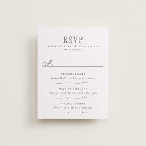 This is a moss rsvp cards with letterpress by Megan Davis called hepburn printing on somerset500 in standard