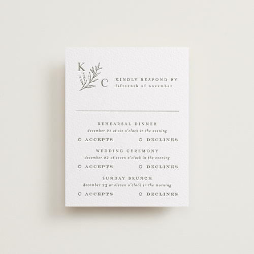 This is a moss rsvp cards with letterpress by chocomocacino called creme au beurre printing on somerset500 in standard