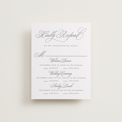 This is a graphite rsvp cards with letterpress by Wildfield Paper Co called calligraphie printing on somerset500 in standard