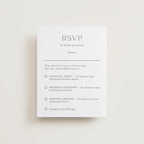 This is a graphite rsvp cards with letterpress by Lucrecia Caporale called mountain serenity printing on somerset500 in standard