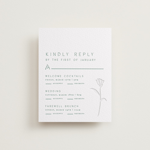 This is a evergreen rsvp cards with letterpress by Amy Kross called perennial printing on white cotton in standard