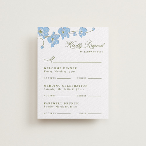 This is a robin's egg rsvp cards with letterpress by letterfix called anemones printing on white cotton in standard