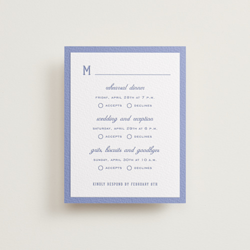 This is a bluebell rsvp cards with letterpress by Sara Hicks Malone called preston printing on white cotton in standard