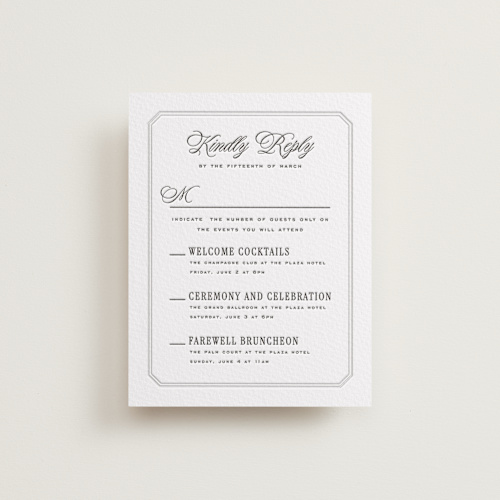 This is a soft black rsvp cards with letterpress by Leah Bisch called outlined printing on somerset500 in standard