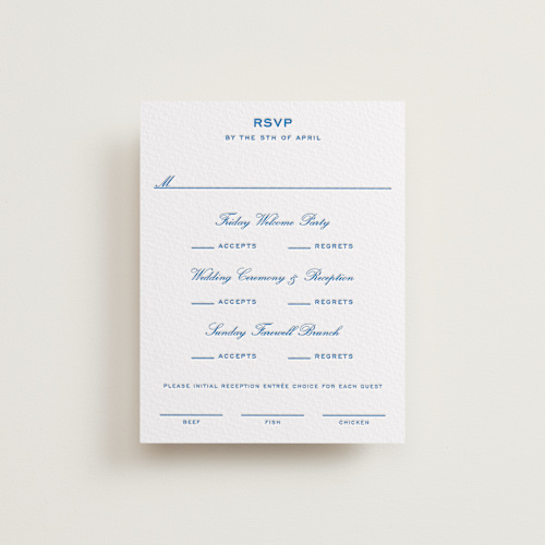 This is a marine blue rsvp cards with letterpress by Megan Davis called brasserie printing on white cotton in standard