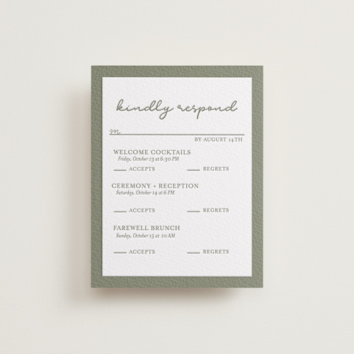 This is a moss rsvp cards with letterpress by Brittney Jensen called the verdure suite printing on somerset500 in standard