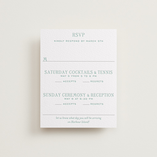 This is a seafoam rsvp cards with letterpress by Megan Davis called isle printing on somerset500 in standard