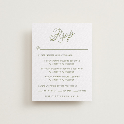 This is a olive rsvp cards with letterpress by Ani Somi called love in the afternoon printing on white cotton in standard
