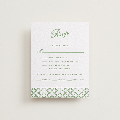 This is a pear rsvp cards with letterpress by Angela Garrick called garden trellis printing on somerset500 in standard