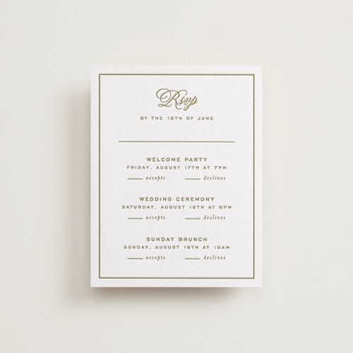 This is a olive rsvp cards with letterpress by Ellen Schlegelmilch called rory printing on white cotton in standard
