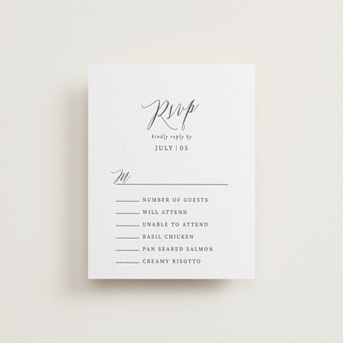 This is a soft black | gravel rsvp cards with letterpress by Design Lotus called nothing compares to you printing on white cotton in standard