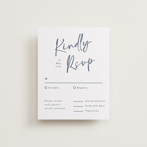 This is a blueberry rsvp cards with letterpress by Adelyn T. called ink scribble printing on white cotton in standard