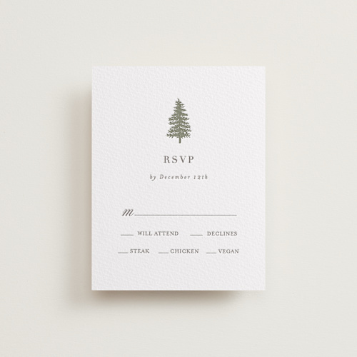 This is a olive rsvp cards with letterpress by Itsy Belle Studio called evergreens printing on somerset500 in standard