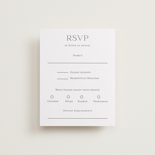 This is a graphite rsvp cards with letterpress by Lucrecia Caporale called mountain serenity printing on white cotton in standard